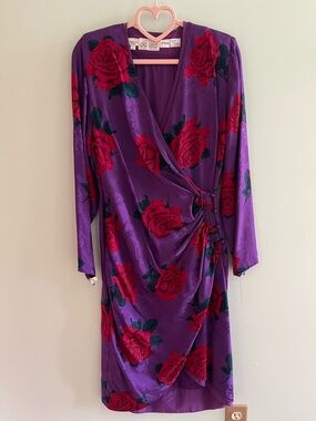 Vintage 80’s Pia Roca Purple Rose Silk Dress Jacquard Long Sleeve V-Neck Ruched